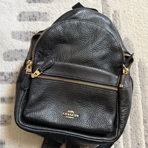 Coach Black Leather Backpack with Gold Zippers